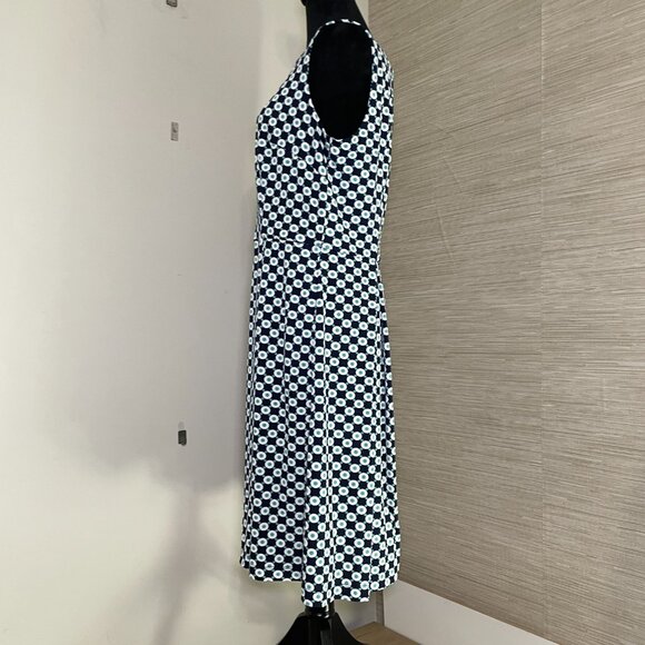Women's Size 12 Liz Claiborne Navy Teal White Print Sleeveless Dress w/ Pockets - Picture 5 of 11